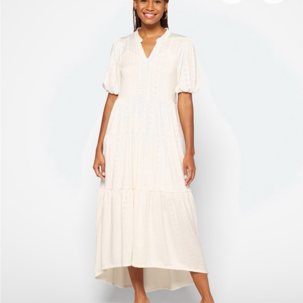 Bobeau Cream Tiered Hi Low Maxi Dress